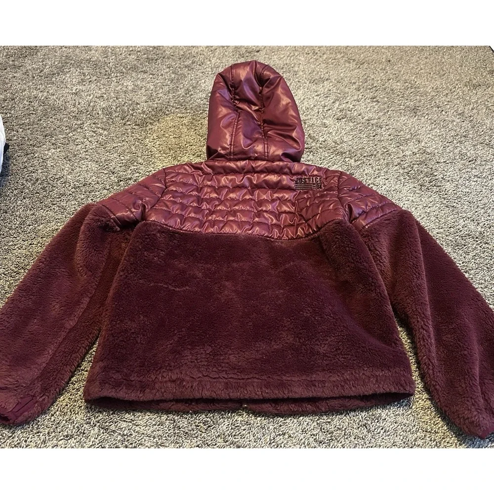 Justice Girls Maroon Puffer Faux Fur Hybrid Hooded Jacket Size 6/7